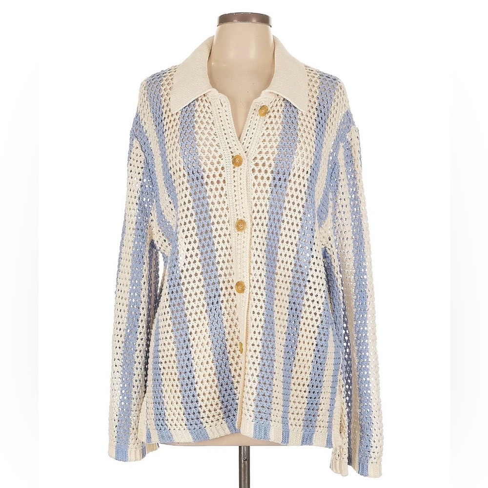 & Other Stories Cream and Light Blue Open-Weave Button Cardigan